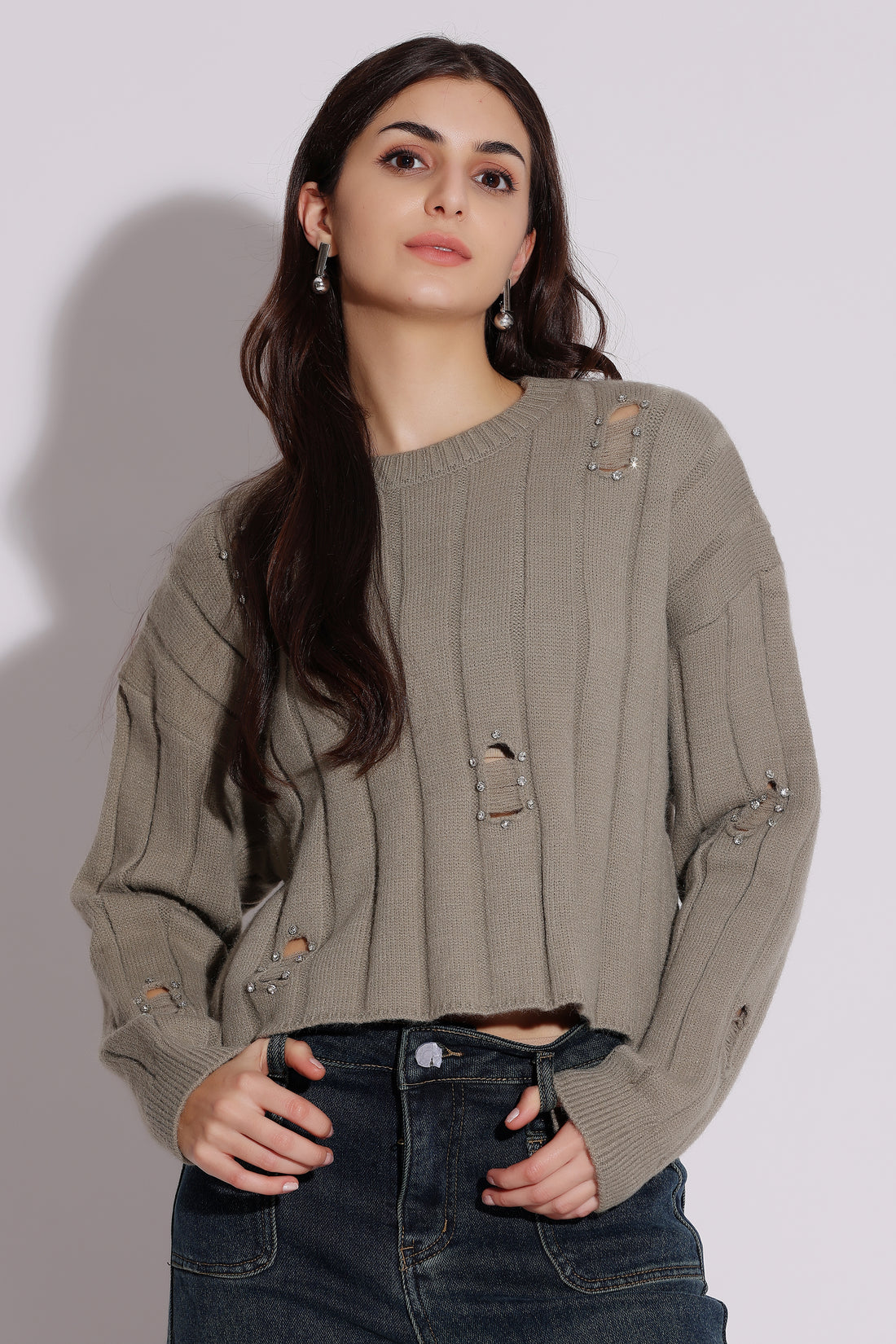 Distressed Taupe Knit Sweater