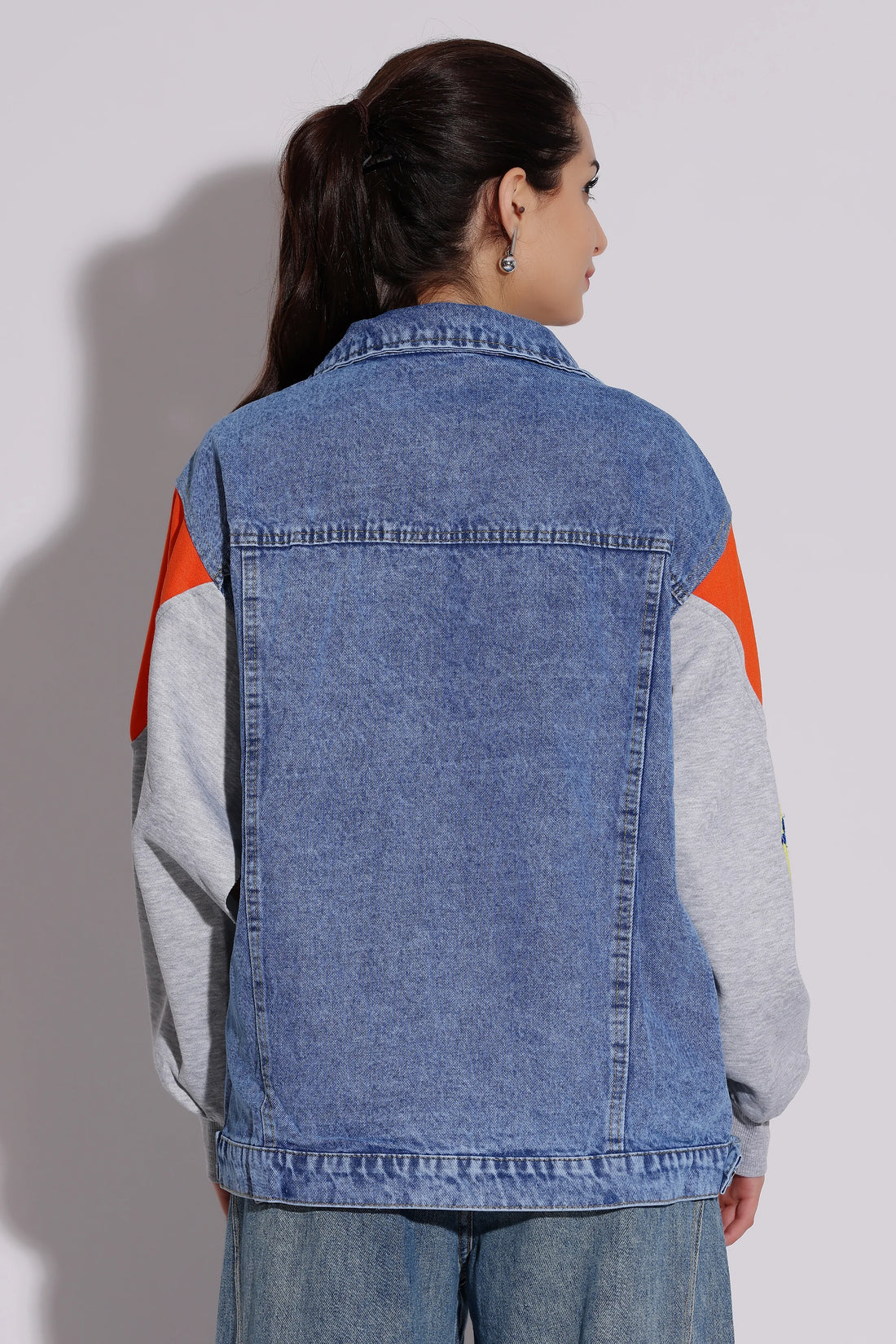 Trendy Colorblock Denim Varsity Jacket