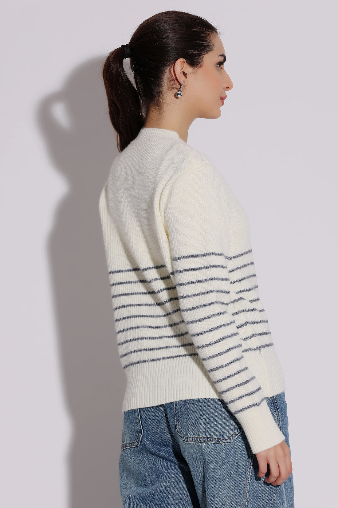 Cozy Chic Striped Knit Sweater (White)