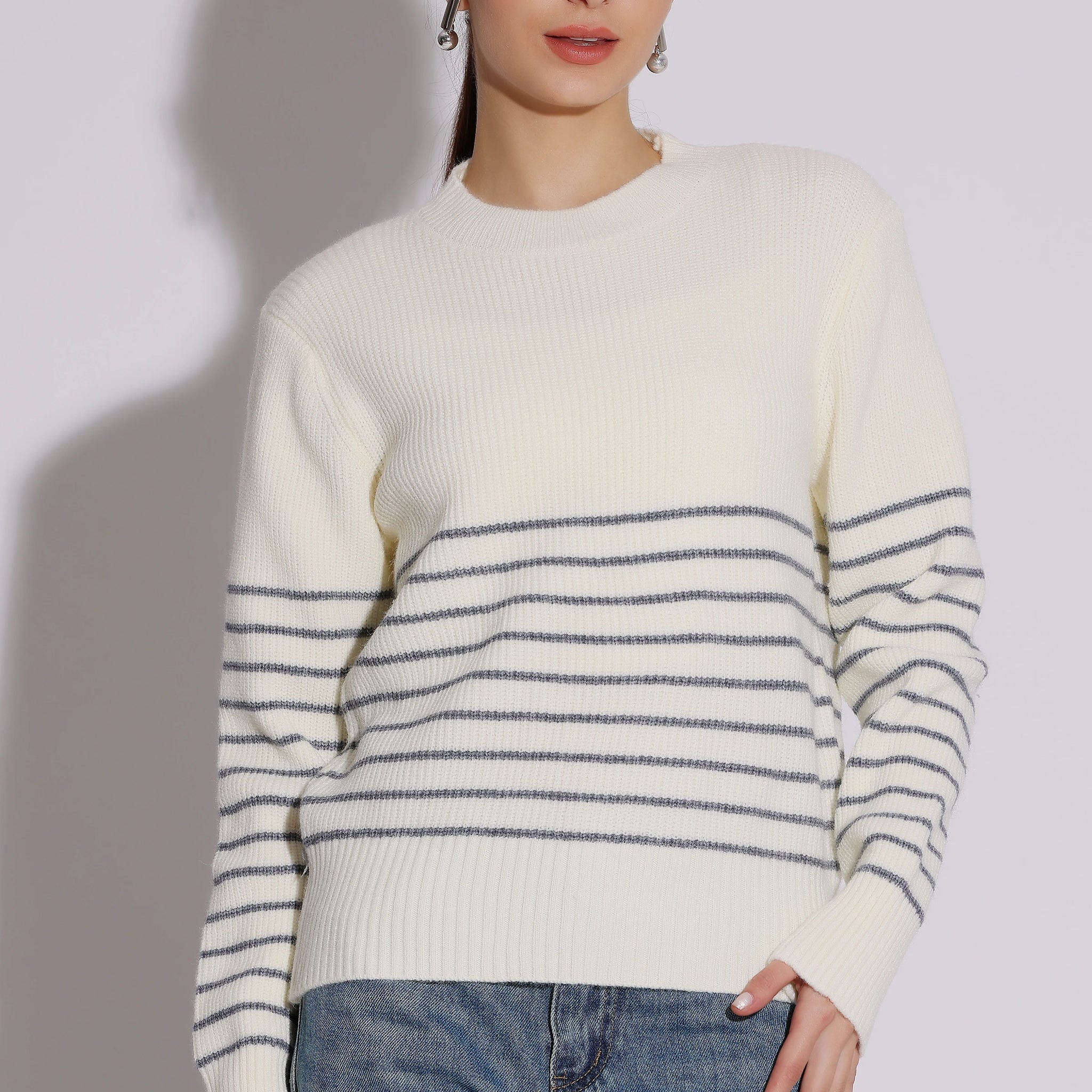 Cozy Chic Striped Knit Sweater (White)