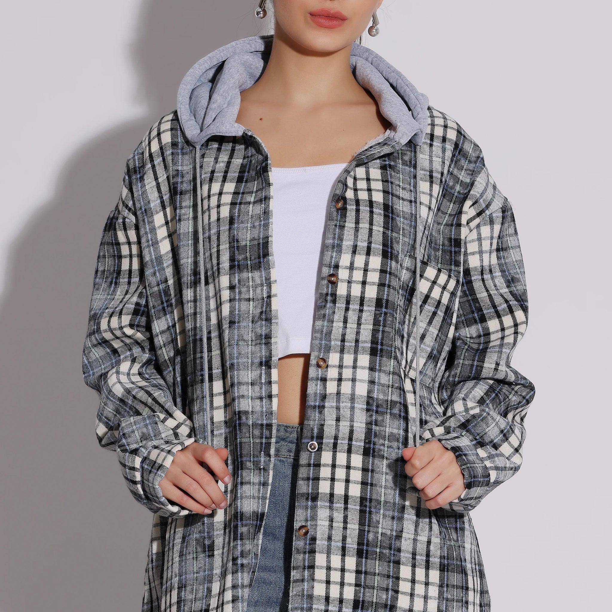 Women's Plaid Button-Up Hoodie Shirt