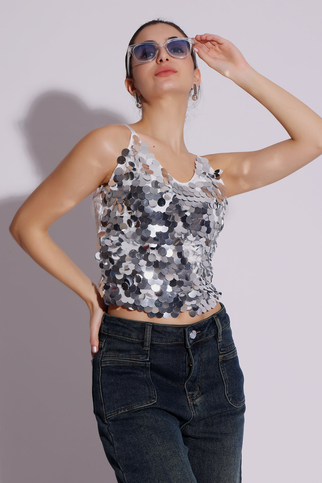 Silver Sequin Party Tank Top