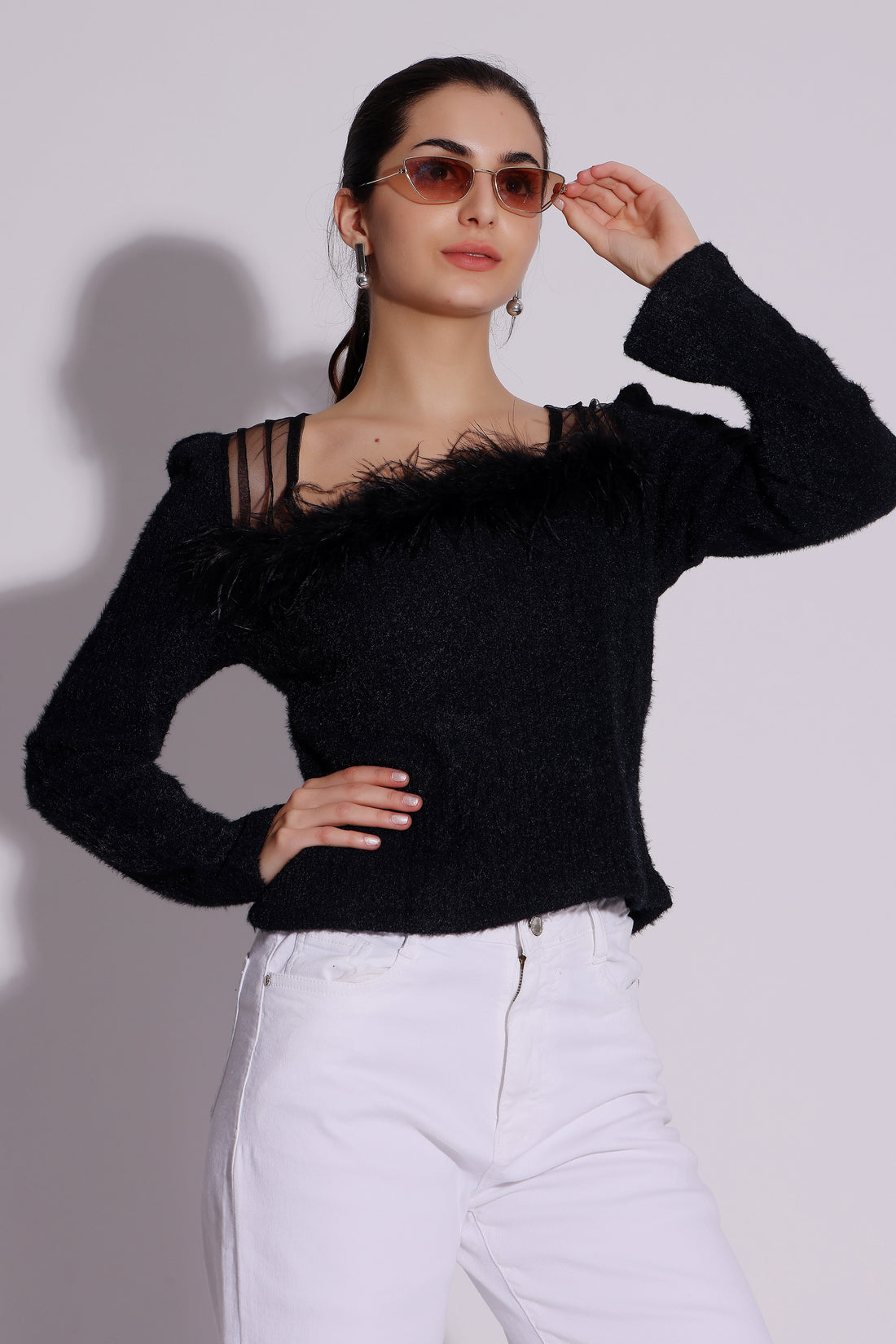 Elegant Black Feather Trim Top