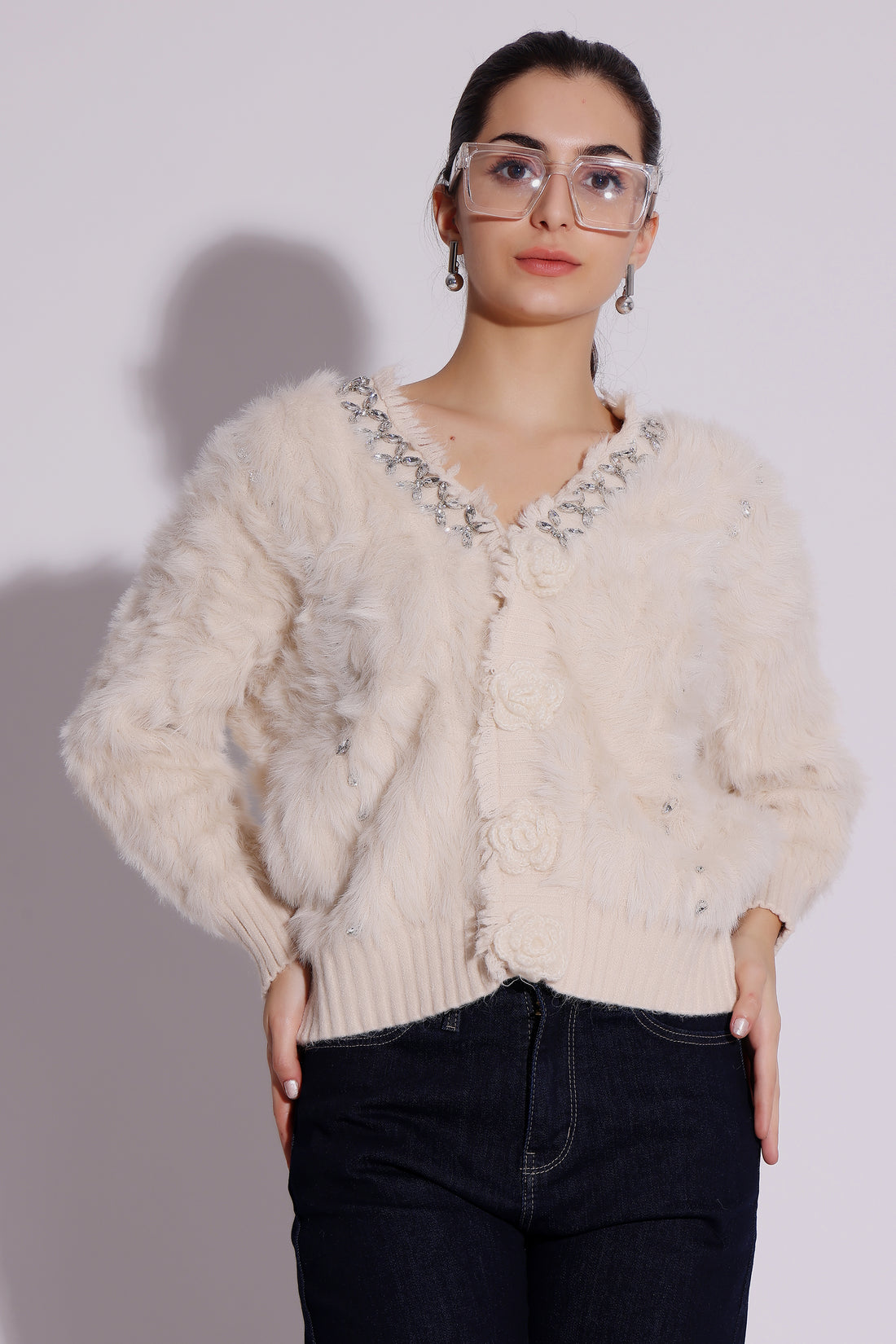 Fluffy Embellished Cardigan