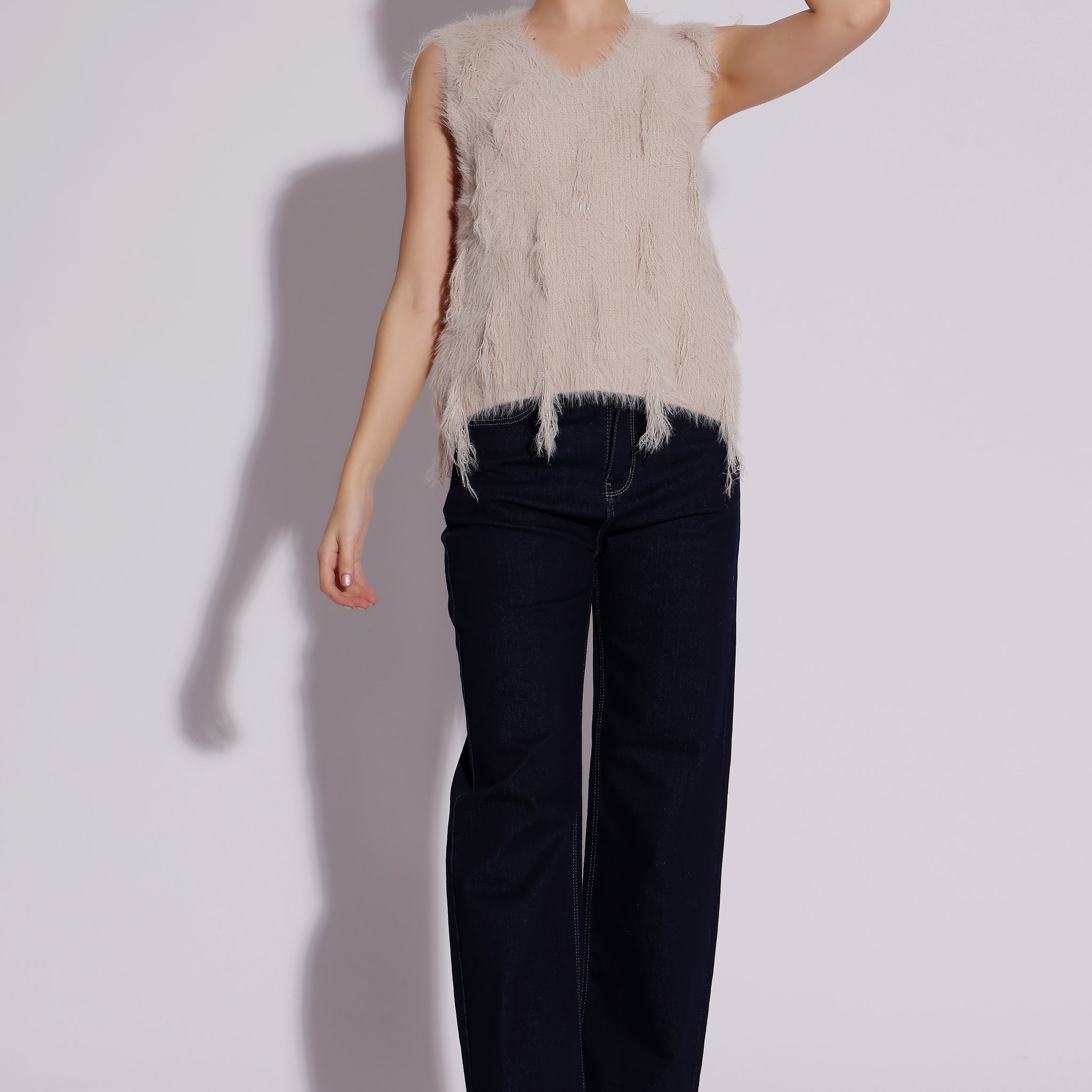 Cream Fuzzy Sleeveless Knit Top