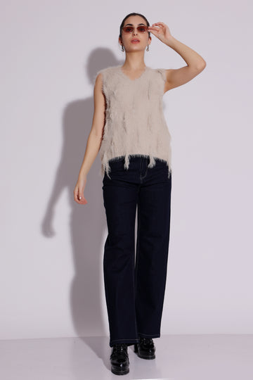 Cream Fuzzy Sleeveless Knit Top