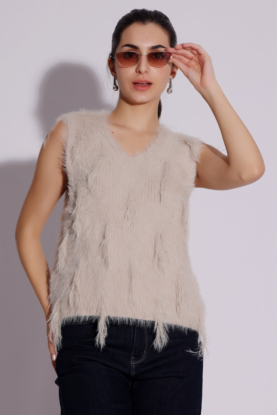 Cream Fuzzy Sleeveless Knit Top